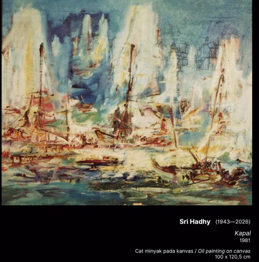 Whatsapp image 20260616 at 11 31 52 catrawarta Abstract oil painting of a bustling harbor with numerous sailboats and turquoise water by sri hadhy titled kapal 1981 oil on canvas 100 × 120 5 cm
